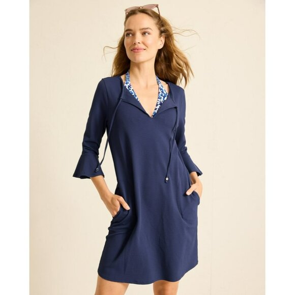 Tommy Bahama Navy Blue 3/4 Sleeve Dress W/ Flared Cuffs & Drawstring Neckline Si - Picture 11 of 11